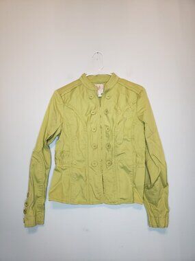 Think Tank Womens M Jacket Band Collar Green Button Accent Hook Eye Y2K Retro